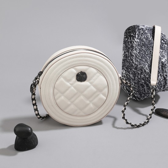 Lingge Chain Crossbody Small Bag White Genuine Leather Small Round Bag - Memoo.com